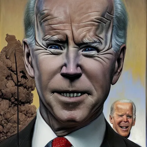 Image similar to terrifying, surreal portrait of joe biden with face sloughing off to reveal robot underneath l by j. c. leyendecker, bosch, william blake, stephen gammell, jon mcnaughton, and beksinski