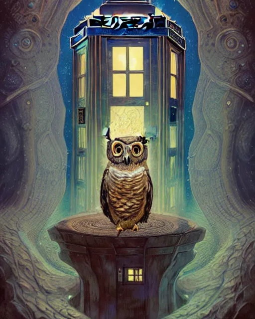 Image similar to anthropomorphic art of a timelord owl inside tardis, victorian inspired clothing by artgerm, victo ngai, ryohei hase, artstation. fractal papersand books. highly detailed digital painting, smooth, global illumination, fantasy art by greg rutkowsky, karl spitzweg, doctor who