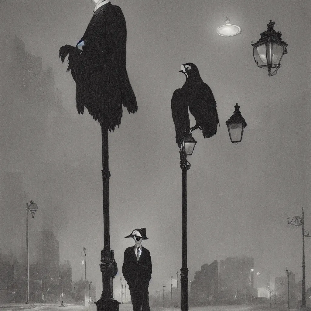 Image similar to a highly detailed portrait of a man wearing a suit and a raven mask standing in the middle of a street illuminated by a lone street lamp, by norman rockwell, cinematic lighting, detailed drawing