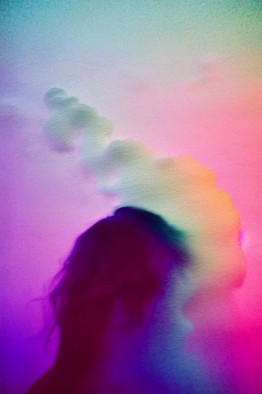 Image similar to high quality pastel coloured film close up wide angle photograph of a model wearing clothing swimming on cloud furniture in a icelandic black rock!! environment in a partially haze filled dreamstate world. three point light, rainbow. photographic production. art directed. pastel colours. volumetric clouds. pastel gradient overlay. waves glitch artefacts. extreme facial clarity. 8 k. filmic.