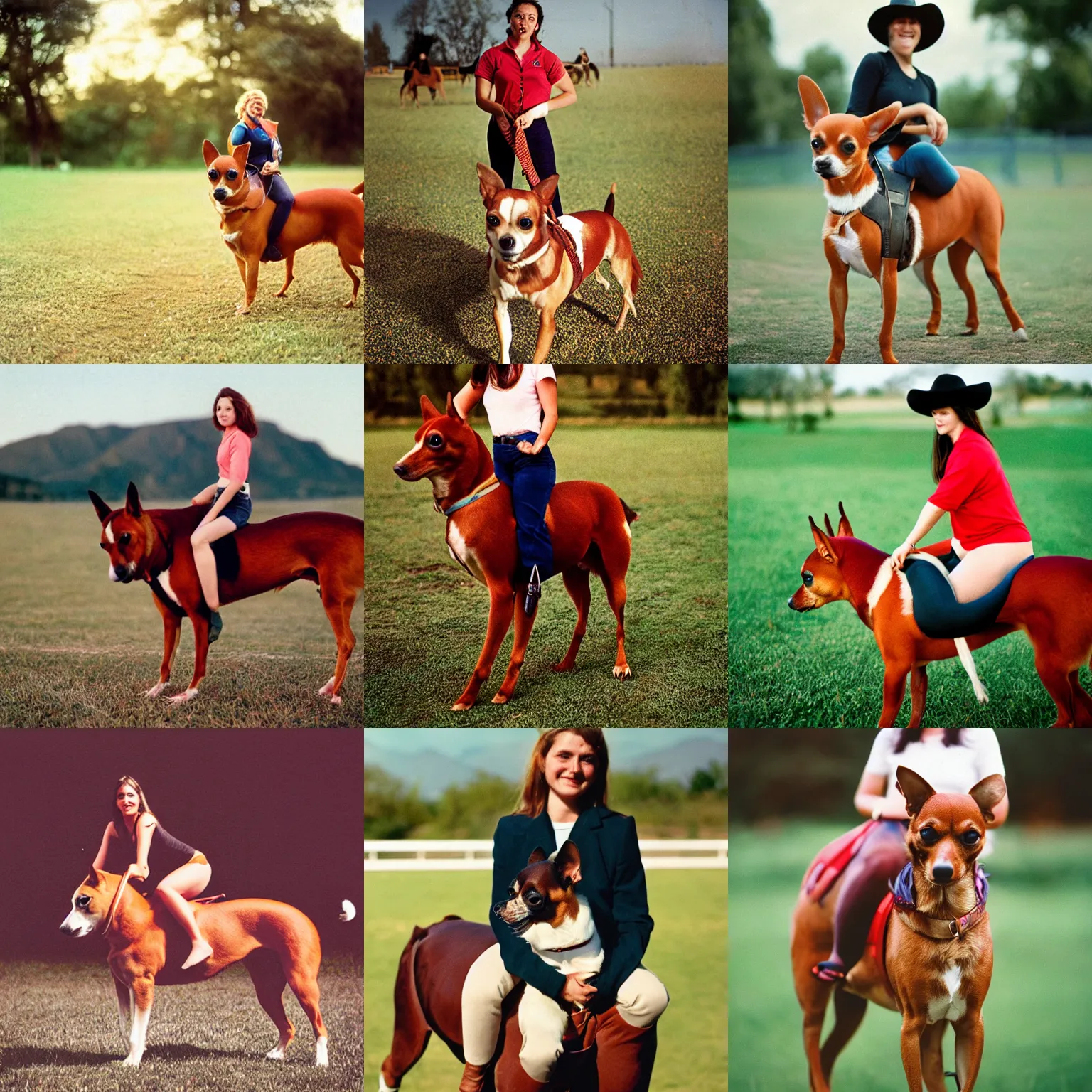 Prompt: professional cinestill of a woman on a horse - sized chihuahua, sports photography
