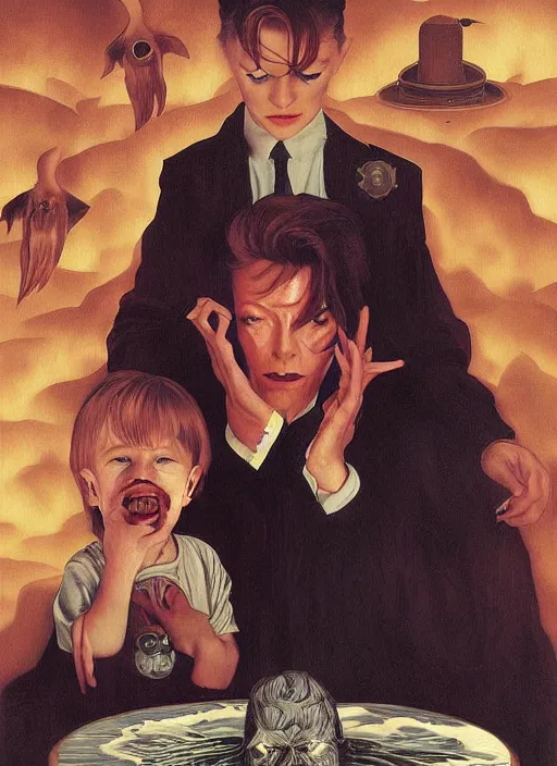 Image similar to twin peaks poster art, portrait of david bowie meets the little boy who is the prince of darkness, by michael whelan, rossetti bouguereau, artgerm, retro, nostalgic, old fashioned