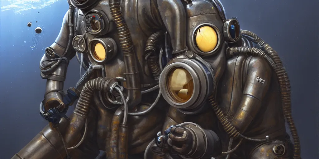 Image similar to highly detailed portrait painting of welder in atmospheric diving suit, mono eyed, by eddie mendoza and tyler edlin, windows, 8 k resolution