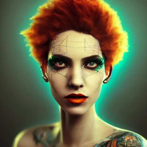 Prompt: punk women portrait made out of paint, short hair, octane render, highly detailed, realistic, tim burton and bob ross comic book art, matte painting, holographic, trending on artstation, cinematic, splashes of neon, sacred geometry in the background