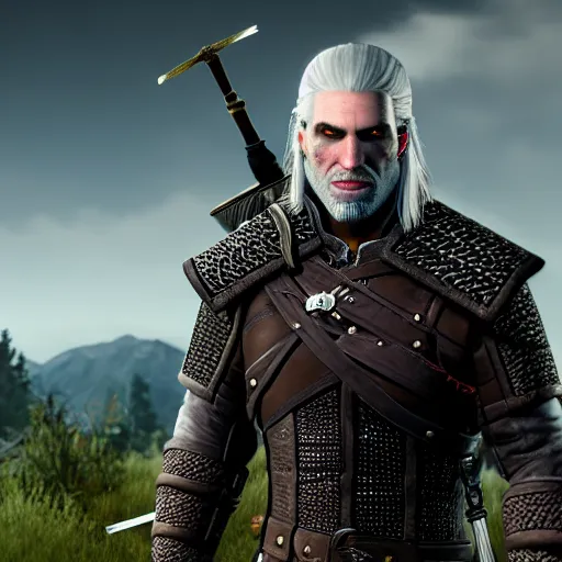 Prompt: geralt of rivia posing at camera in front of mcDonald in pyjamas 4k photo