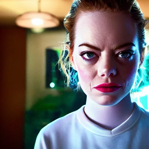 Image similar to Emma Stone in Stranger Things, XF IQ4, 150MP, 50mm, f/1.4, ISO 200, 1/160s, natural light, Adobe Photoshop, Adobe Lightroom, DxO Photolab, Corel PaintShop Pro, rule of thirds, symmetrical balance, depth layering, polarizing filter, Sense of Depth, AI enhanced