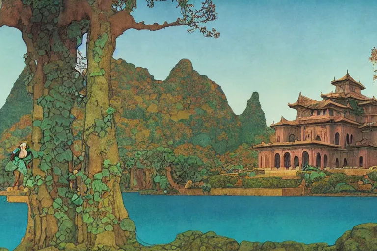 Prompt: ancient temple by a lake | by Edmund Dulac and Maxfield Parrish and Nicholas Roerich | ornate carvings| climbing vines| rich color | dramatic cinematic lighting