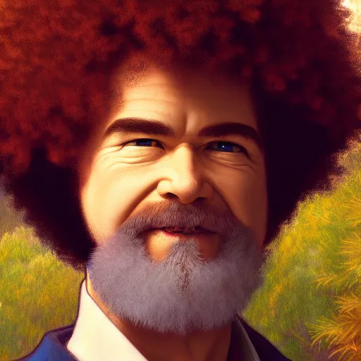 Image similar to a portrait of a Bob Ross , fantasy, David production, anime, HDR, natural light, shoulder level shot, dynamic pose, award winning photograph, Mucha style 4k,