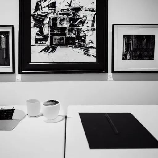 Prompt: desktop pc on floor in the middle of a large museum, artwork on walls, black and white polaroid