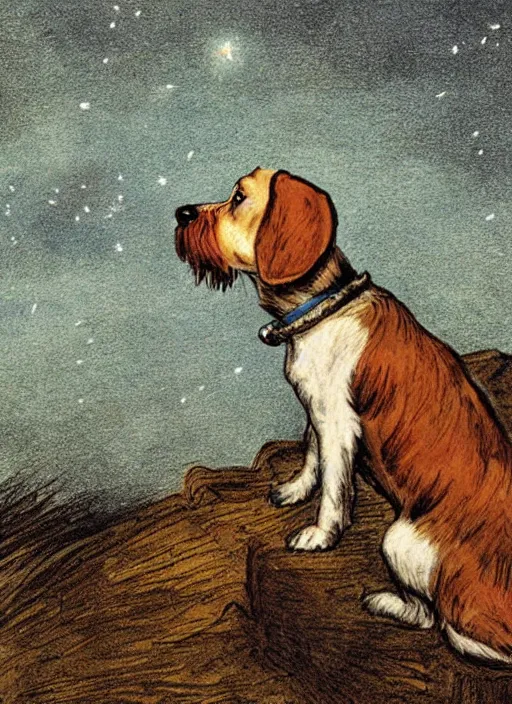 Image similar to candid portrait of jack russel dog looking up barking, from behind, night sky, highly detailed, side view, illustrated by peggy fortnum and beatrix potter and sir john tenniel