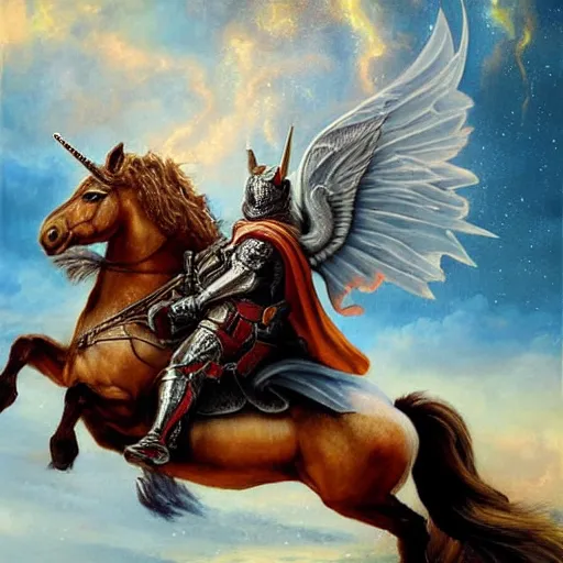 Image similar to Ryan Reynolds in knights armor riding a unicorn with wings in the style of a oil painting, very detailed, high definition, detailed painting, very detailed face, full body, detailed body, detailed face, high definition, realistic painting, high definition painting