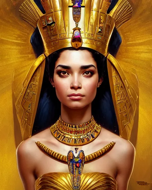 Prompt: portrait of a beautiful egyptian queen with golden crown, beautiful symmetrical face, determined eyes, goldish, fantasy, regal, by stanley artgerm lau, greg rutkowski, thomas kindkade, alphonse mucha, loish, norman rockwell.