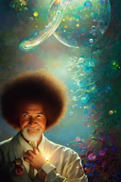 Image similar to bob ross, dreamy and ethereal,, fantasy, intricate, elegant, rainbow bubbles, highly detailed, digital painting, artstation, concept art, smooth, sharp focus, illustration, art by artgerm and greg rutkowski and alphonse mucha