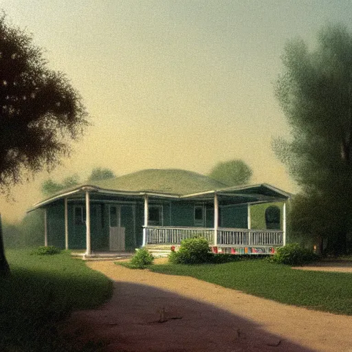 Prompt: a detailed cinematic render of a utopian 1 9 5 0 s american neighborhood by steven outram