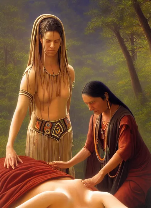 Prompt: a beautiful painting of an indigenous female shaman doing reiki healing on another woman, matte painting, by christophe vacher