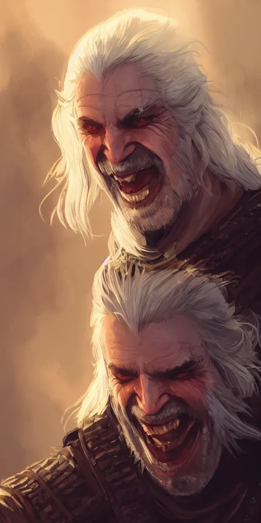 Image similar to Every Geralt Of Rivia ever laughing at you, Darek Zabrocki, Karlkka, Jayison Devadas, Phuoc Quan, trending on Artstation, 8K, ultra wide angle, pincushion lens effect