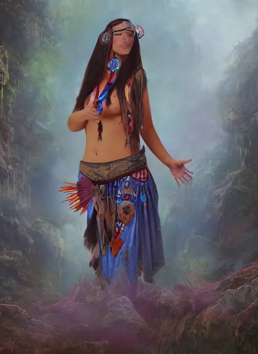 Image similar to acceptance, surrender, letting go, indigenous woman relaxing, matte painting, fantasy art