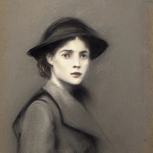 Image similar to a young woman detective by alfred stevens, charcoal