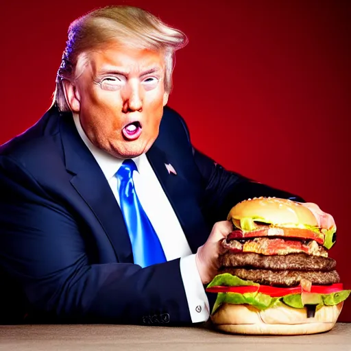 Image similar to photo still of donald trump! licking! a burger with his! tongue! out, mmmmm, studio portrait photo, studio lighting, rim light, key light, food photography, 3 5 mm f 1. 8