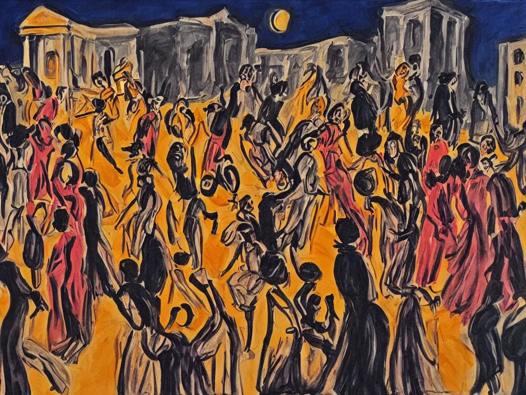 Image similar to woman movement, lisbon city at night, art in the style of paula rego