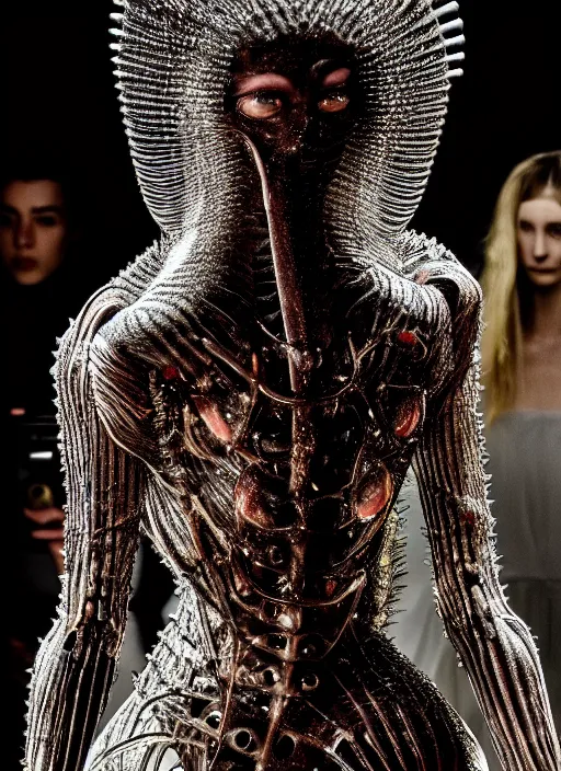 Prompt: walking down the catwalk, steven klein, show, stage, vogue photo, podium, fashion show photo, iris van herpen, beautiful woman, full body shot, helmet on face, masterpiece, plant predator, giger, guyver, jellyfish, biomechanical details, movie still, fauvism, cinestill, bokeh, gelios lens