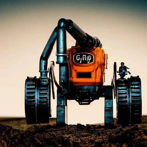 Image similar to giant scary treaded mining robot with drill, mining scrap metal, highly detailed body, retro, industrial, dark, dystopian, apocalyptic, clean, 8 5 mm f / 1. 4