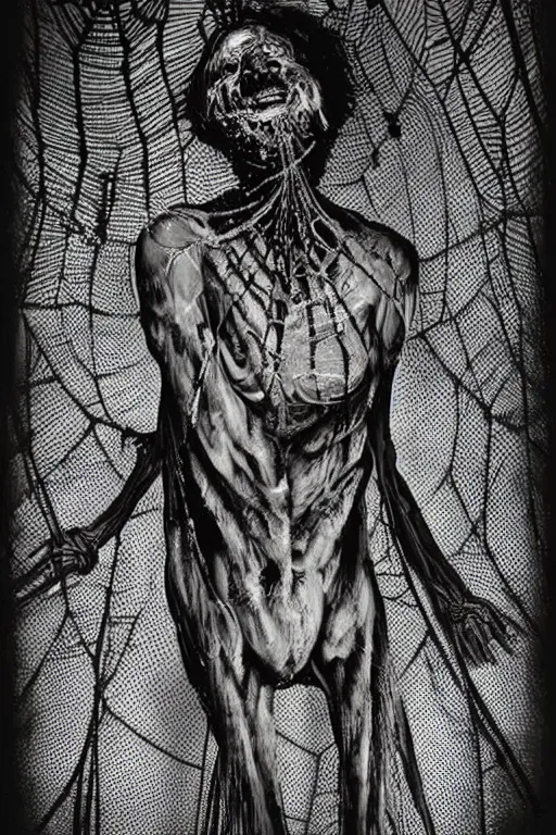 Image similar to portrait of a grotesque man spider wrapped in thick webs. horror art. disgusting.