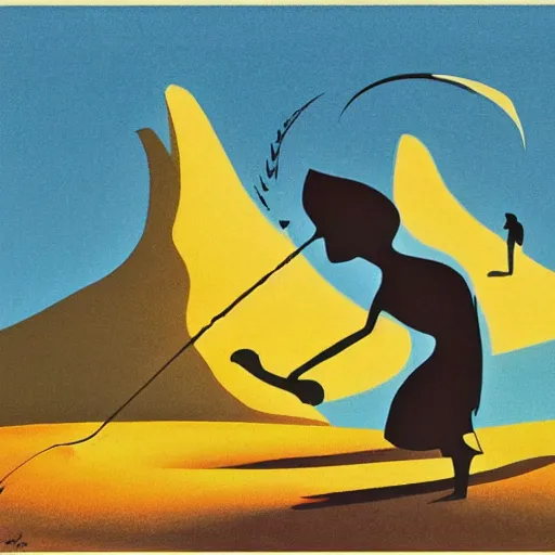 Prompt: eyvind earle desert fishing game big fish sand