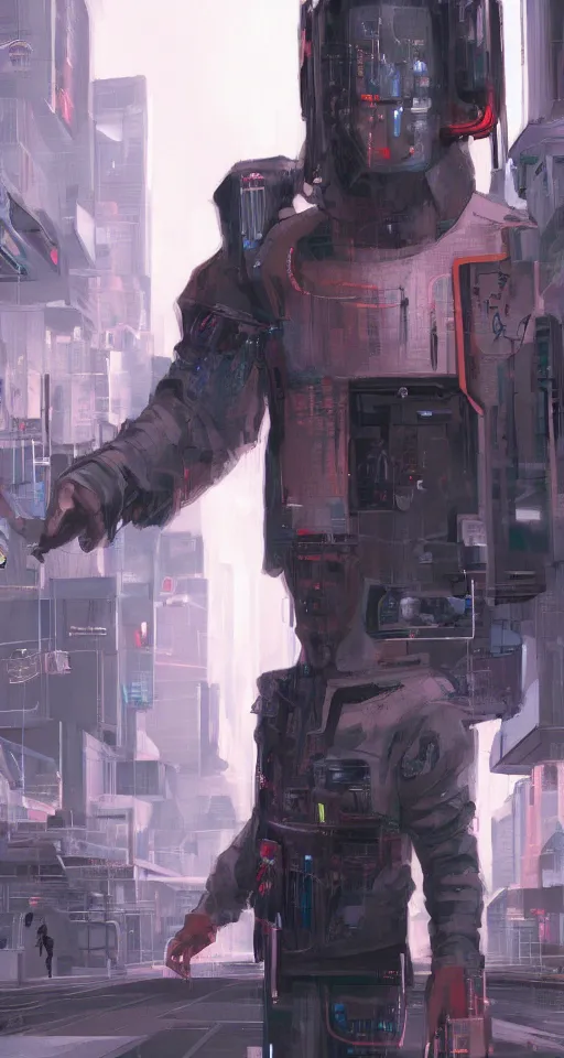 Image similar to concept art portrait of male cyberpunk walking through futuristic town