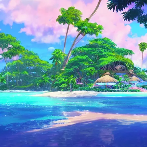 Image similar to a beautiful render of a dreamy tropical anime island paradise by makoto shinkai, pink accents, soft details, graphic art