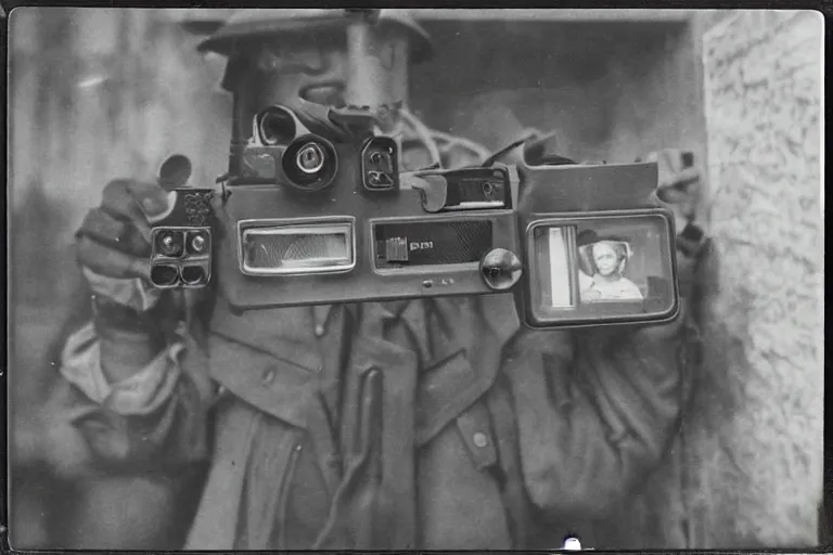 Image similar to old polaroid of a futuristic weapon in the world war 2