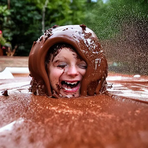 Image similar to person sliding through chocolate pudding head first, slip n slide, professional photo, funny