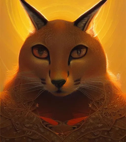 Image similar to closeup of anthropomorphic caracal in vr in golden clothes in orthodox church with orthodox icons, darkness noir surreal, art by loish rhads ferdinand knab lois van baarle tom bagshaw, global illumination, radiant light, highly detailed, octane render, 8 k