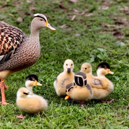 Image similar to a crossbreed of a turkey and a duck, with chicks, photo