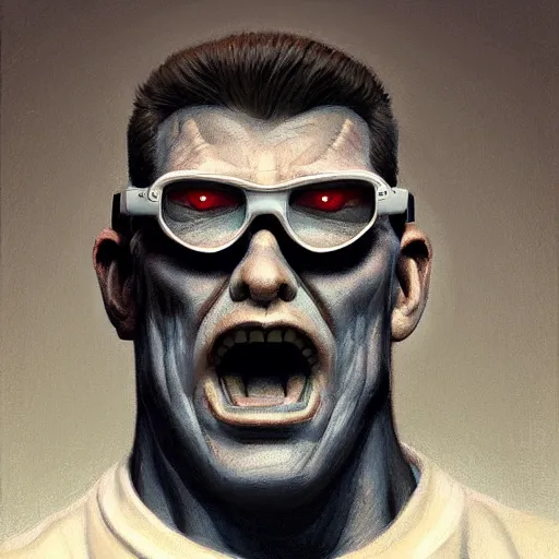 Prompt: duke nukem, grant wood, rubber, cables, mutant, front view, painted by stanley lau, painted by greg rutkowski, painted by stanley, artgerm, masterpiece, digital art, trending on arts
