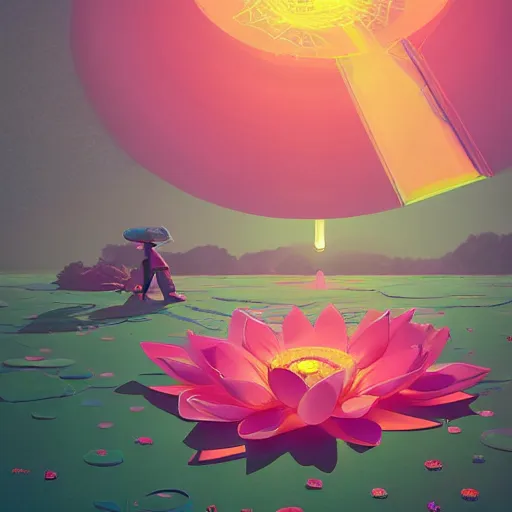 Image similar to a huge lotus in the center of a meadow of various colors. bright sunny day, in the style of katamari damacy, scattered glowing pink fireflies, soft vaporwave liminal aesthetic. 3 d blender by tomer hanuka, greg rutkowski, beeple, sharp focus, digital painting, concept art