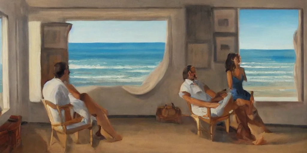 Image similar to a beautiful painting of a man watching the beach view with his wife in their house, oil on canvas