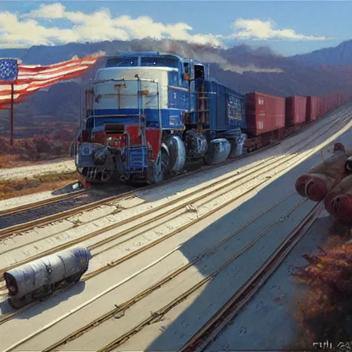 Image similar to freight line, unreal 5, DAZ, highly detailed, soft focus, brilliant, 4k, trending on artstation, art by Rick Guidice painting by Robert McCall by John Harris,