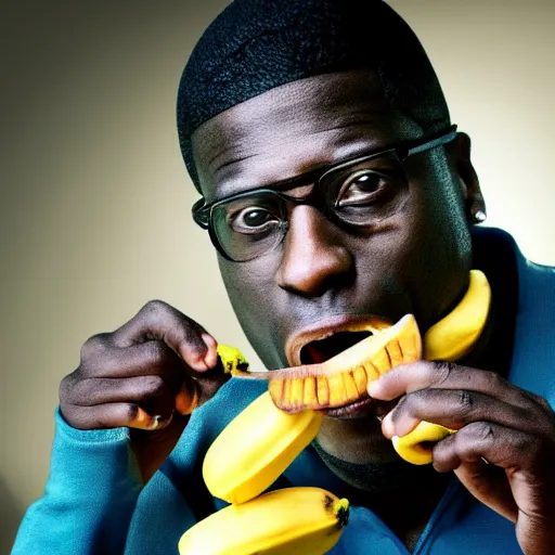 Image similar to angry gucci mane eating bananas in the hood, 8k resolution, full HD, cinematic lighting, award winning, anatomically correct