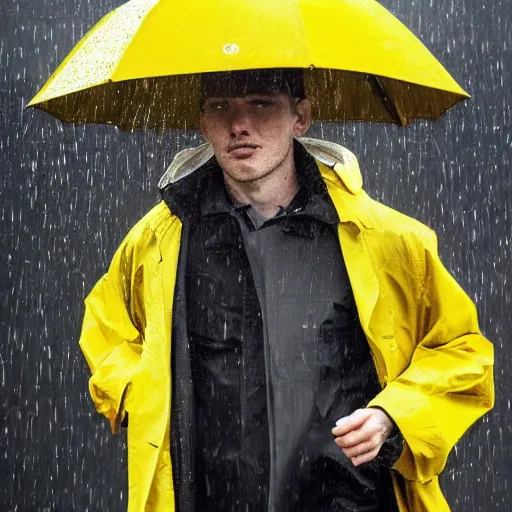 Image similar to A man in a yellow raincoat in a black city surrounded by people wearing brown rain coats. Dreary, dreamlike.