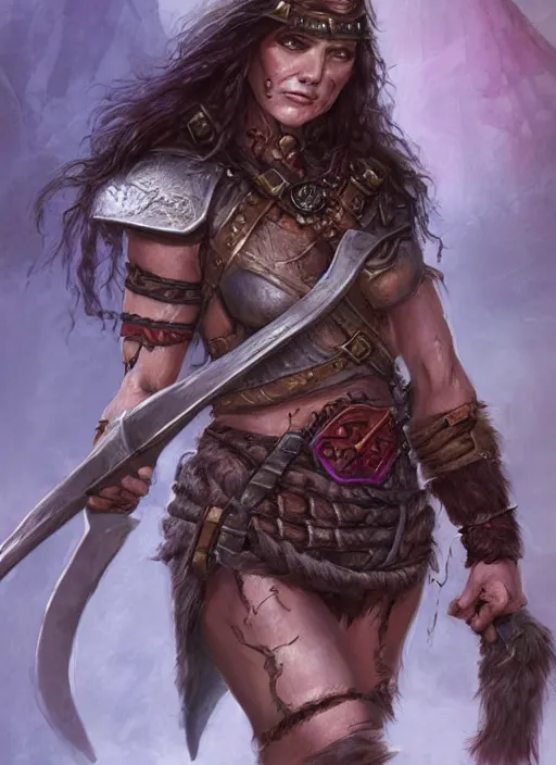 Image similar to angry female barbarian, ultra detailed fantasy, dndbeyond, bright, colourful, realistic, dnd character portrait, full body, pathfinder, pinterest, art by ralph horsley, dnd, rpg, lotr game design fanart by concept art, behance hd, artstation, deviantart, hdr render in unreal engine 5