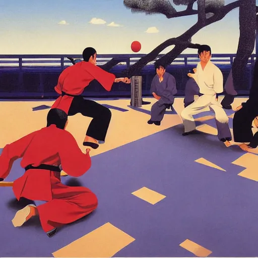 Prompt: kung fu masters tournament match, takehiko inoue, tatsuro kiuchi, ilya kuvshinov, by henri rousseau, by greg hildebrandt