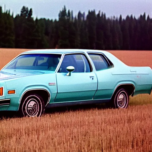 Prompt: A photograph of a beater faded Powder Blue Dodge Aspen (1976) in a farm field, photo taken in 1989