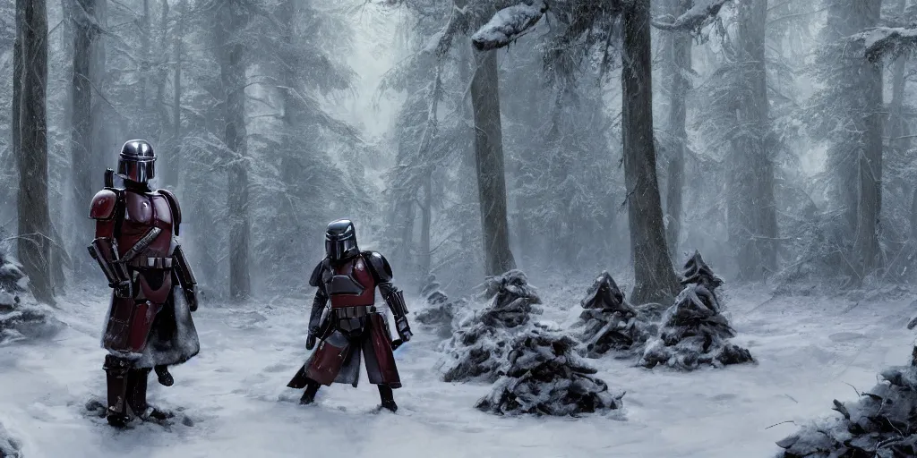 Prompt: in a snowy forest, a mandalorian is looking at a huge pile of mandalorian helmets, concept art highly detailed, great cinematic lighting, octane render, 8 k, depth of field, 3 d, art by greg rutkowski, trending on artstation, cinematographic shot