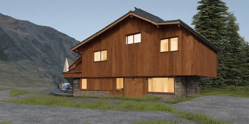 Image similar to a modern half - timbered house on the foot of elbrus mountain a digital rendering by schelte a bolswert, featured on polycount, de stijl, reimagined by industrial light and magic, angular, symmetrical