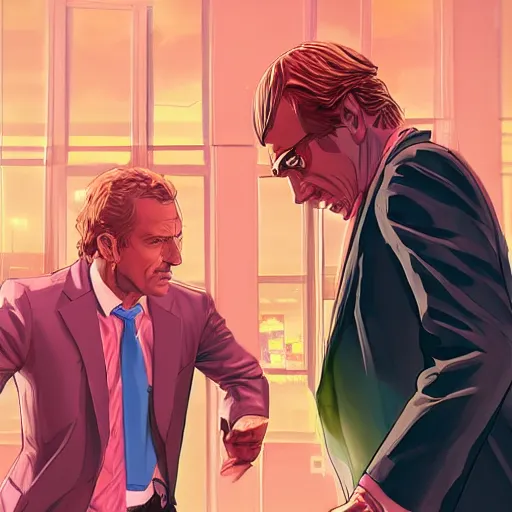 Image similar to Thomas Jane, illustration of Saul Goodman wearing a pink suit defending his client in a courtroom, art by Ilya Kuvshinov, highly detailed, anime key visual, neon glow, epic landscape, HD digital art, artstation