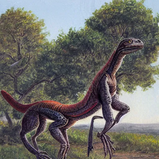 Image similar to An artwork of a velociraptor by a tree, paleo art