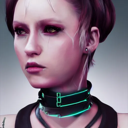 Image similar to realistic female character cyberpunk wearing technological collar around neck, realistic, art, beautiful, 4K, collar, choker, collar around neck, punk, artstation, detailed, female, woman, choker, cyberpunk, punk, collar, choker, collar around neck,