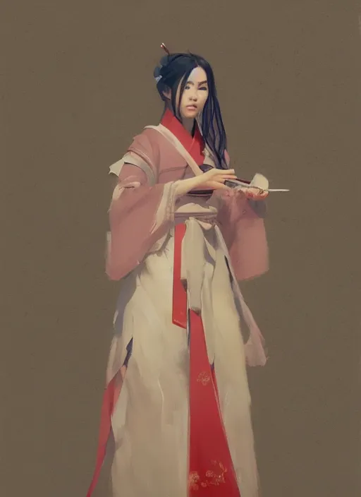 Prompt: oil painting girl wearing hanfu, herb rose, by greg rutkowski, artstation