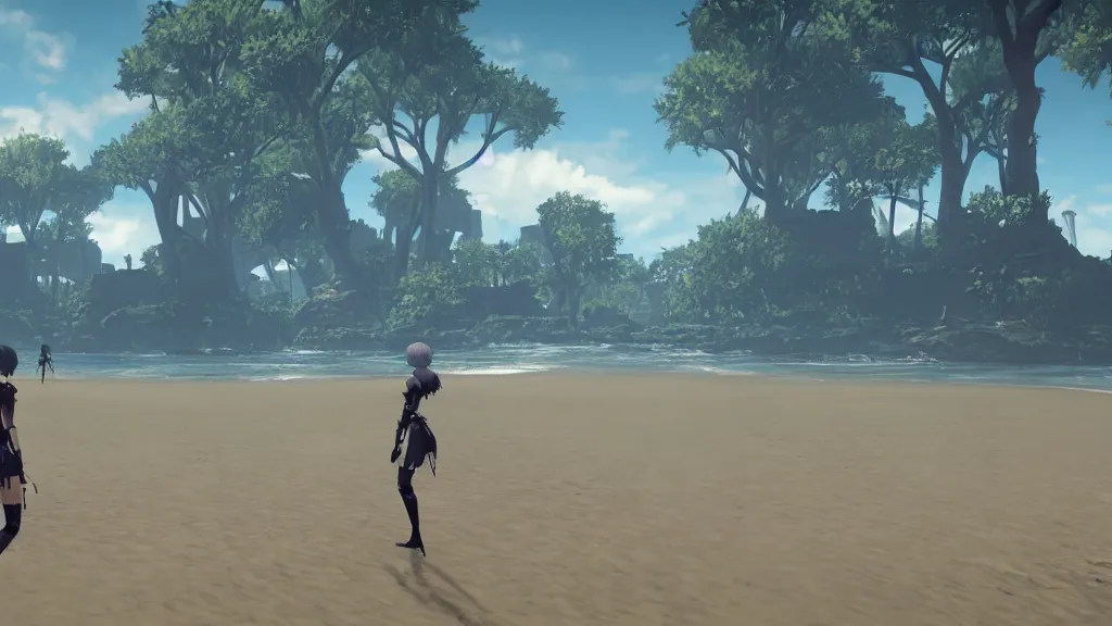 Prompt: Screenshot from Nier Automata, beautiful landscape at a beach